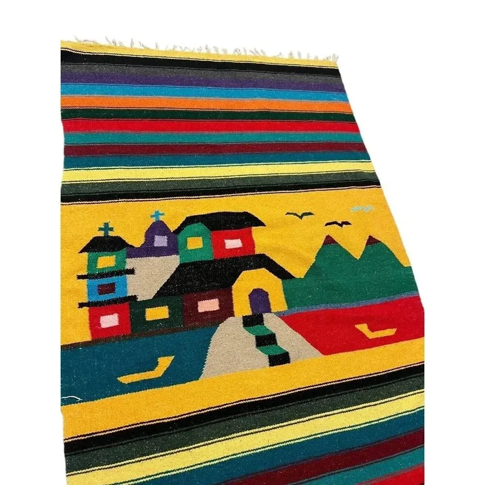 VTG Southwest Tapestry Woven Blanket Church Town Birds Pueblo Mexico Color Block